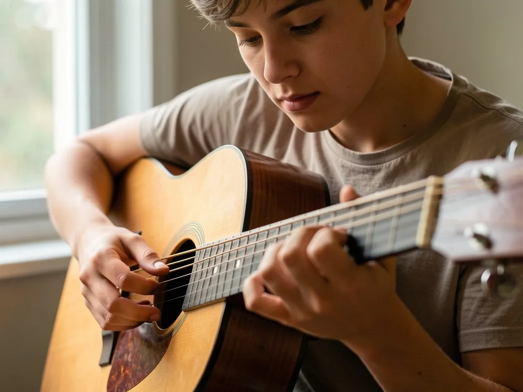 Mãos de iniciante segurando violão com postura relaxada e dedos leves sobre as cordas, luz natural suave