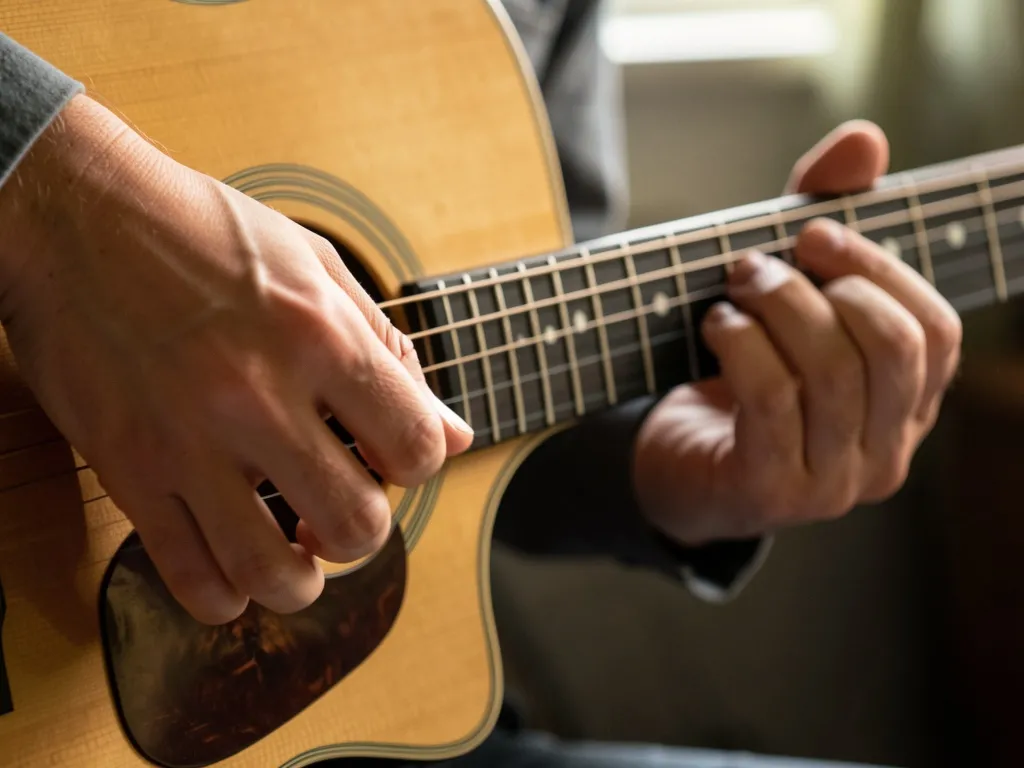 Mãos de músico dedilhando acordes no braço do violão com luz natural suave