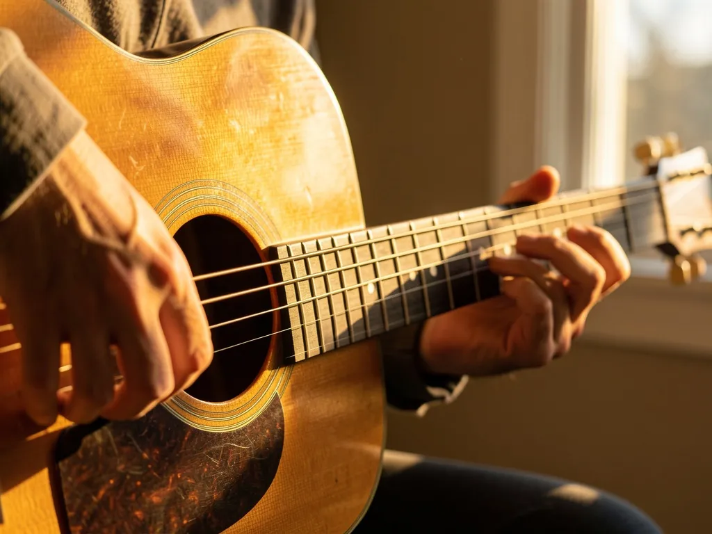 Mãos de um iniciante tocando acordes de blues no violão, com luz quente e foco nos dedos sobre as cordas
