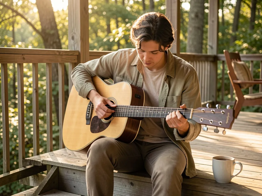 Iniciante praticando blues no violão sentado na varanda, com café e luz natural, atmosfera de aprendizado descontraído