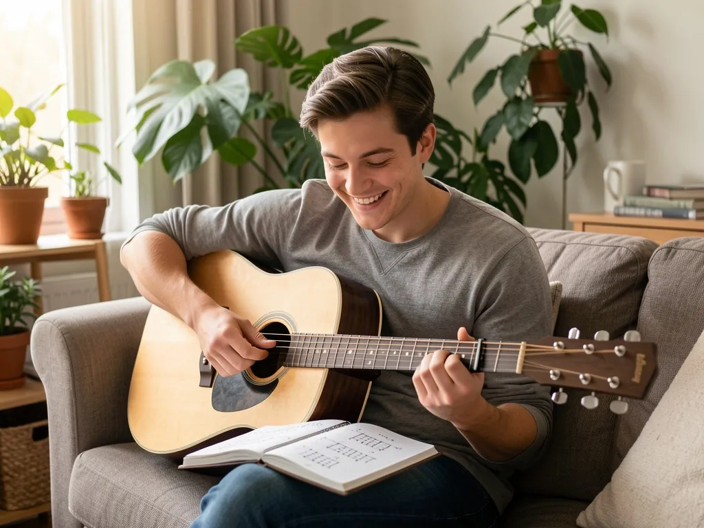 Jovem sorrindo enquanto toca violão no sofá de casa, com caderno de acordes ao lado