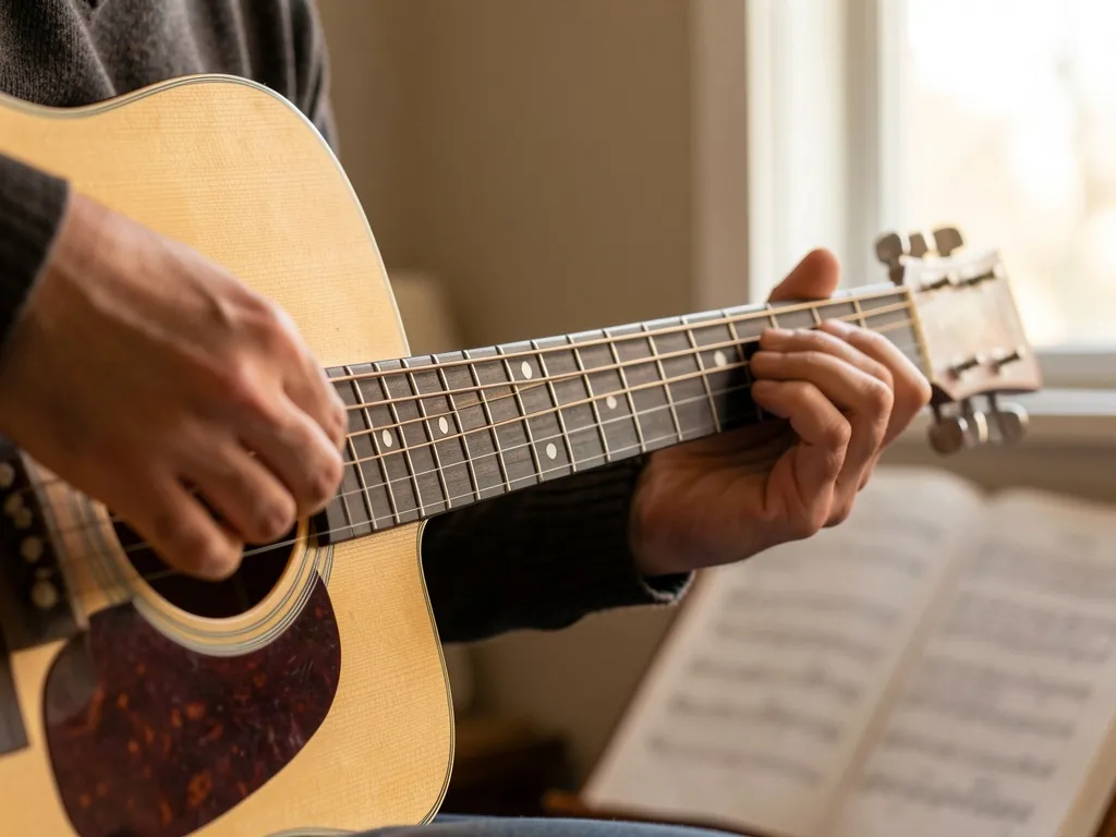 Mãos de violonista pressionando cordas no braço do violão, luz natural suave