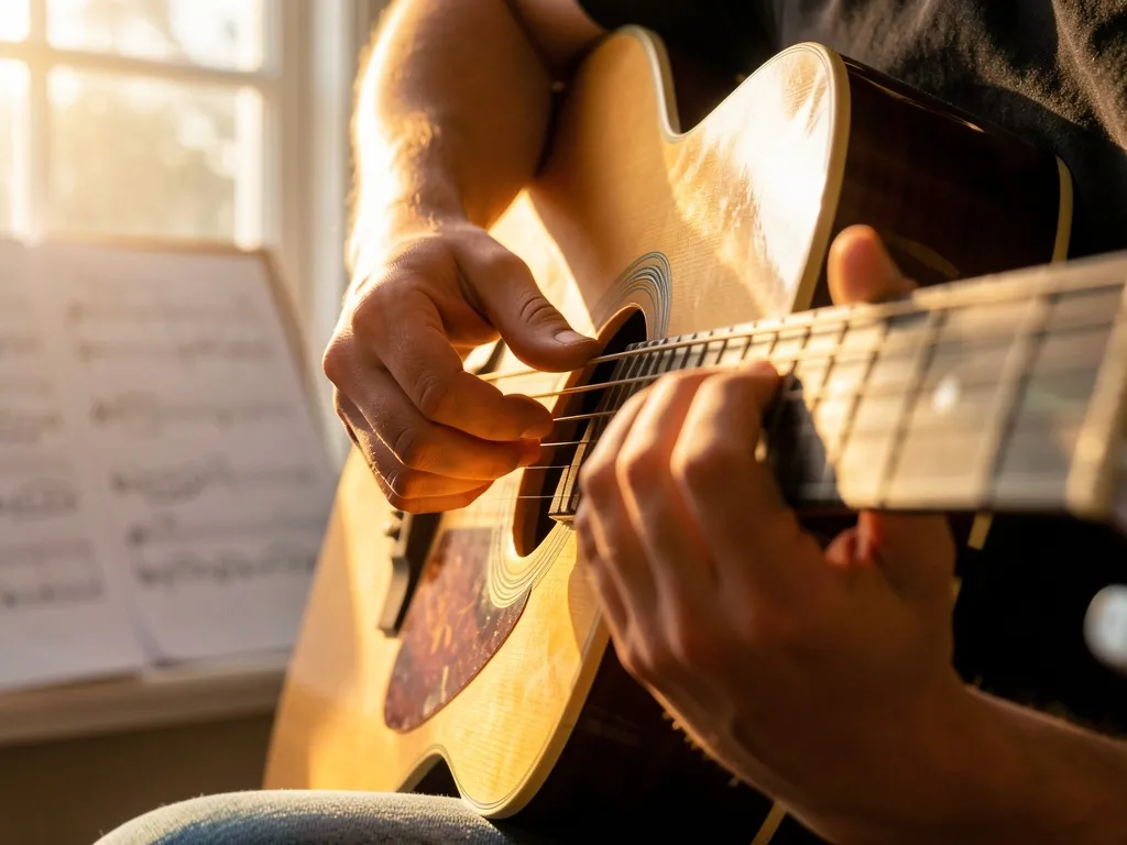 Close-up da mão direita de um violonista dedilhando cordas de nylon em posição PIMA, com luz quente e partitura desfocada ao fundo