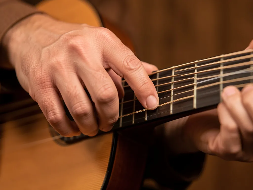Mão de violonista deslizando o dedo sobre a corda do violão em close-up com iluminação suave