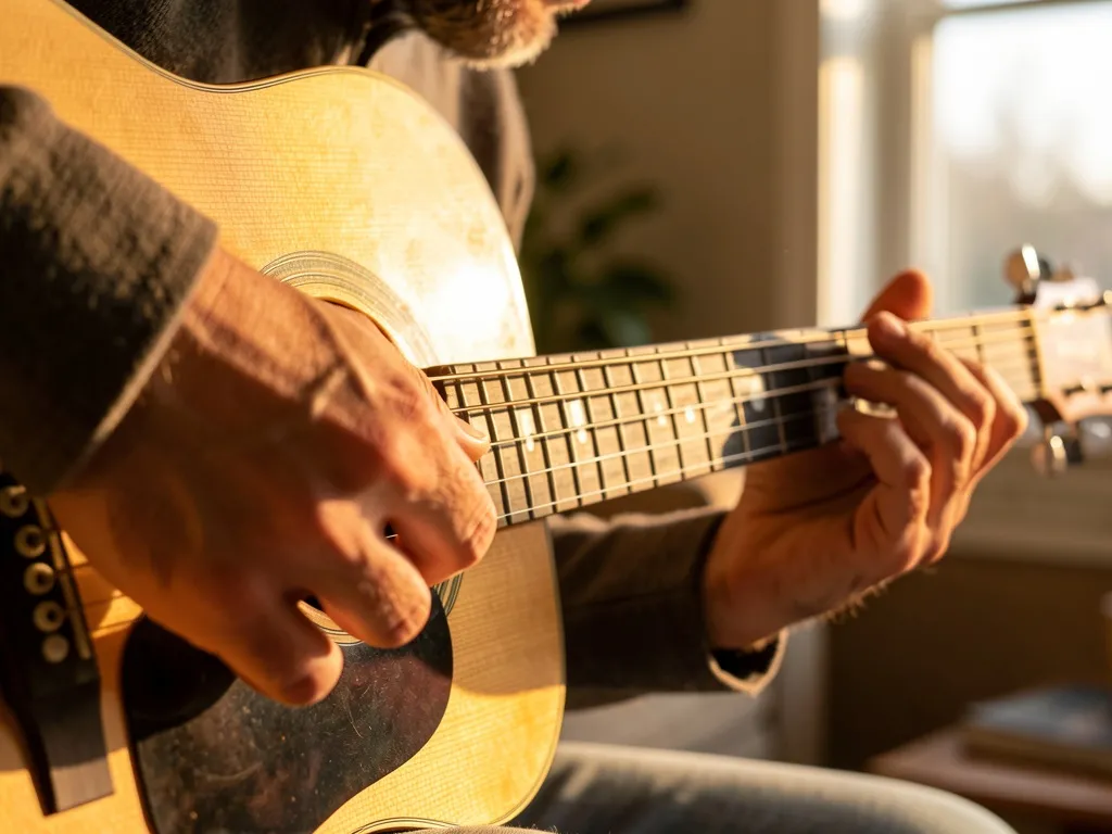 Close-up das mãos tocando violão fingerstyle com foco no polegar como baixista independente