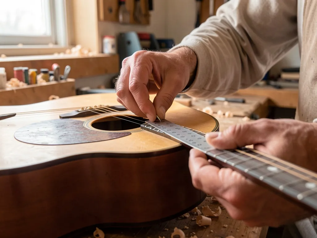 Luthier medindo a altura das cordas de um violão com uma régua, em uma oficina