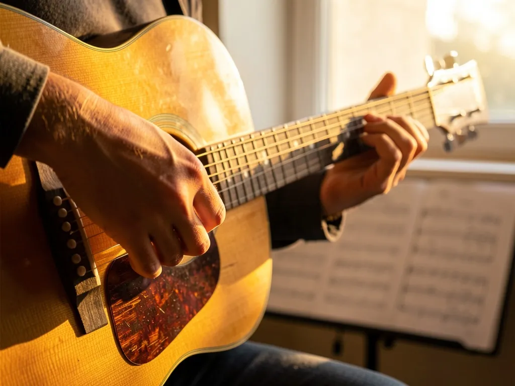 Mãos de violonista pressionando acordes com sétima no braço do violão em luz dourada