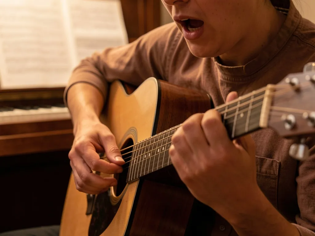 Pessoa cantando e tocando violão em close-up, mãos nos acordes e boca aberta, ambiente aconchegante