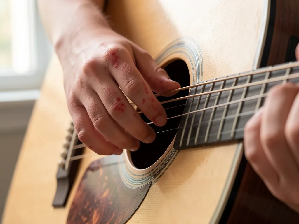 Close-up de mão pressionando cordas de violão, pontas dos dedos levemente avermelhadas, luz natural suave