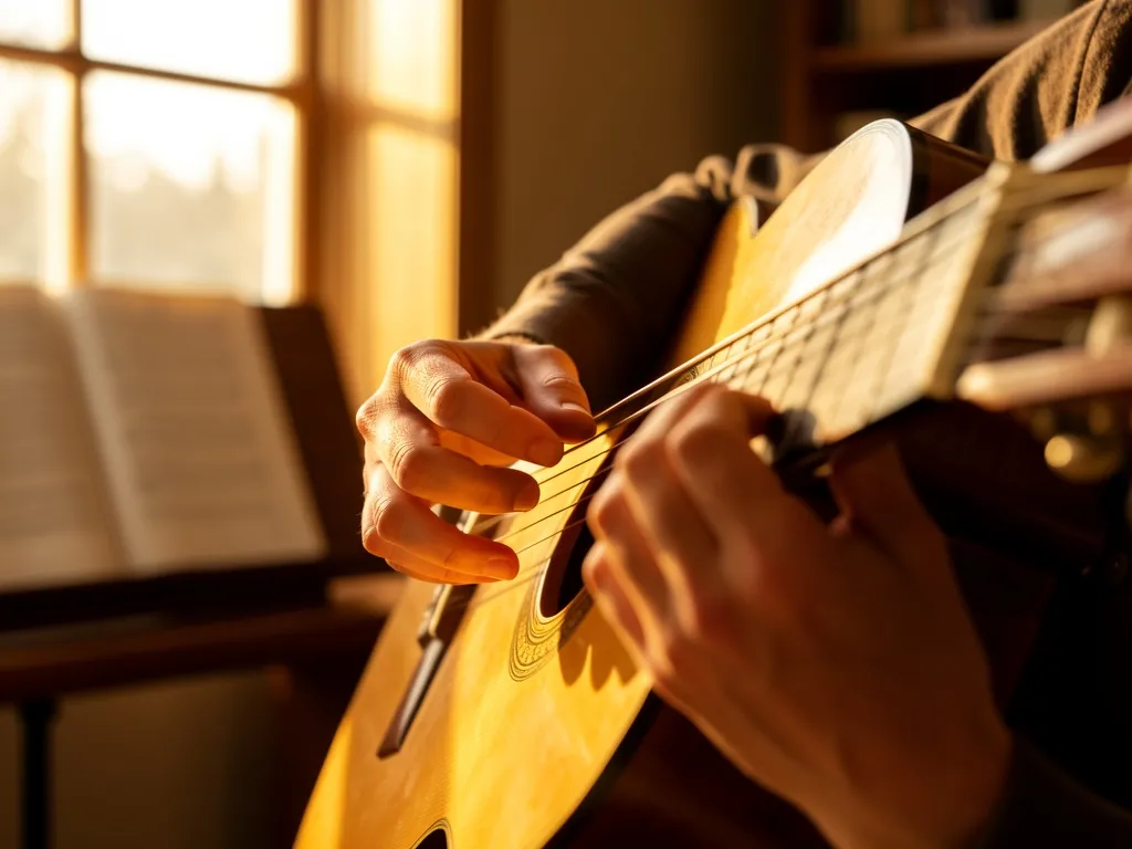 Mãos de violonista dedilhando cordas com luz dourada ao fundo