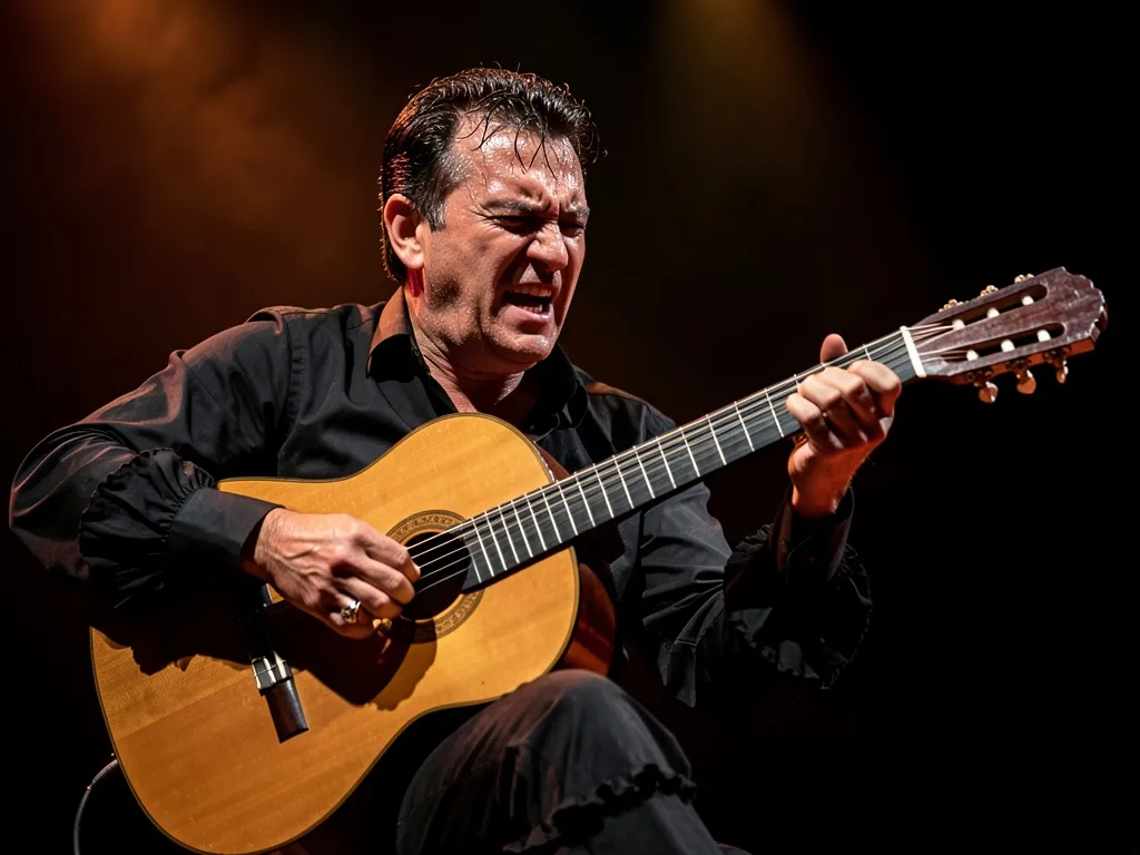 Violonista flamenco em performance intensa no palco com iluminação dramática