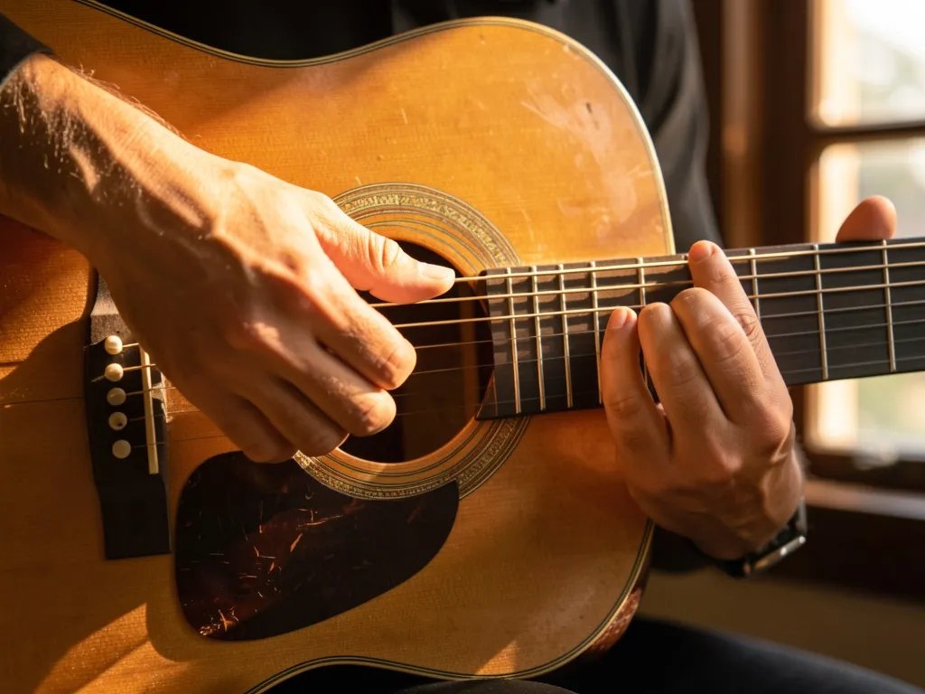 Close-up da mão direita de um violonista brasileiro dedilhando cordas com técnica precisa