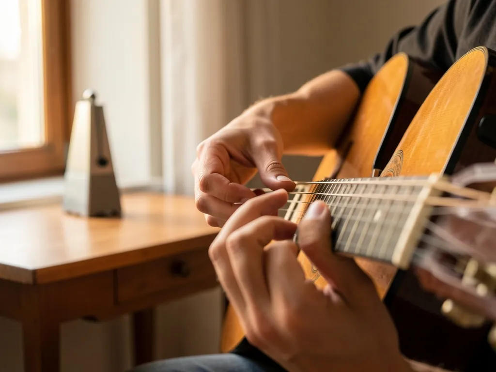 Mãos de violonista posicionadas no braço do violão com metrônomo ao fundo, representando precisão e foco no estudo musical