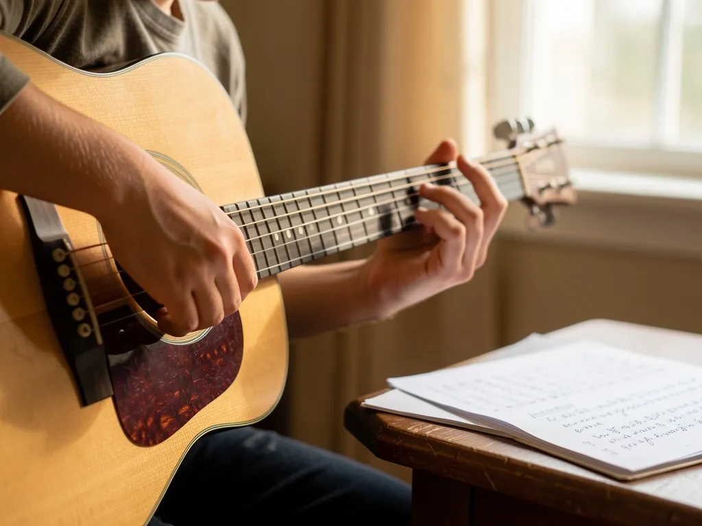 Mãos de um iniciante tocando violão, dedos pressionando cordas no braço do instrumento, com partitura ao lado, luz natural suave