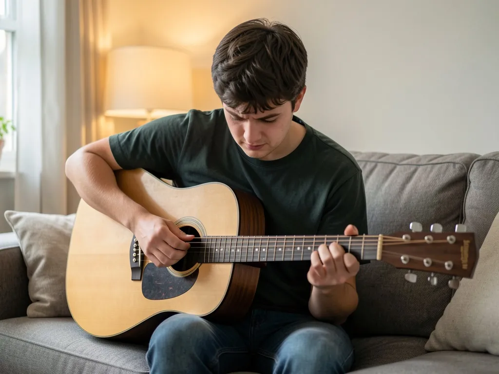 Iniciante tocando violão de aço no sofá, com expressão de concentração e leve desconforto nos dedos.