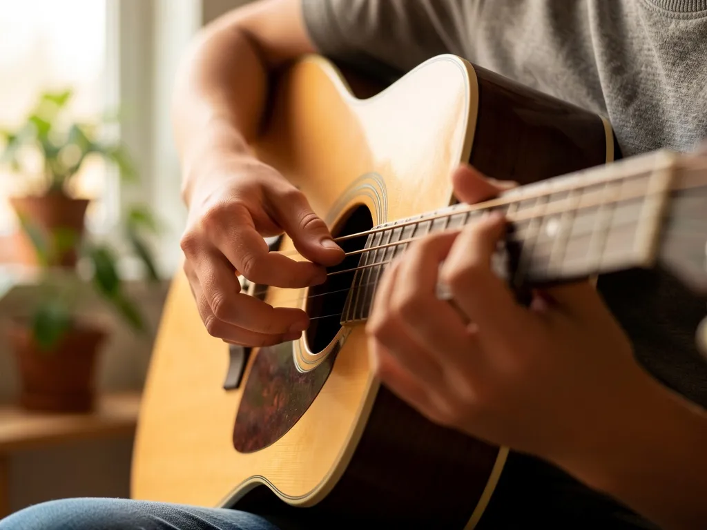 Mãos de uma pessoa afinando o violão de ouvido, em close, com luz natural suave e ambiente acolhedor