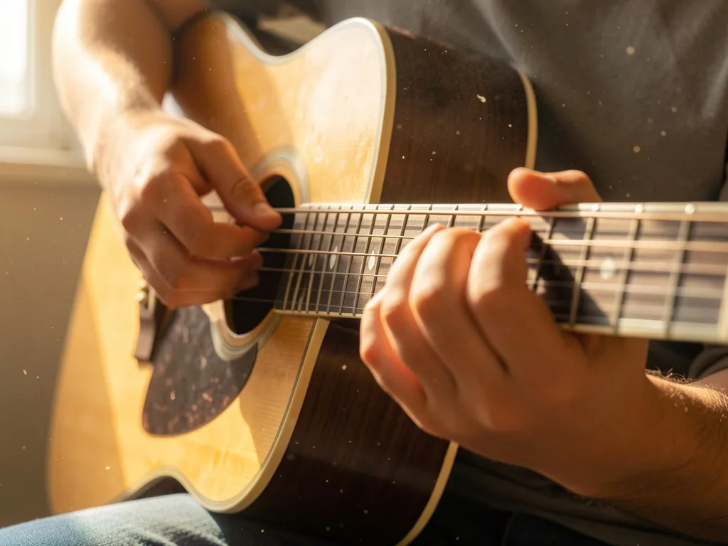 Mãos de iniciante pressionando power chord no braço do violão acústico com luz natural